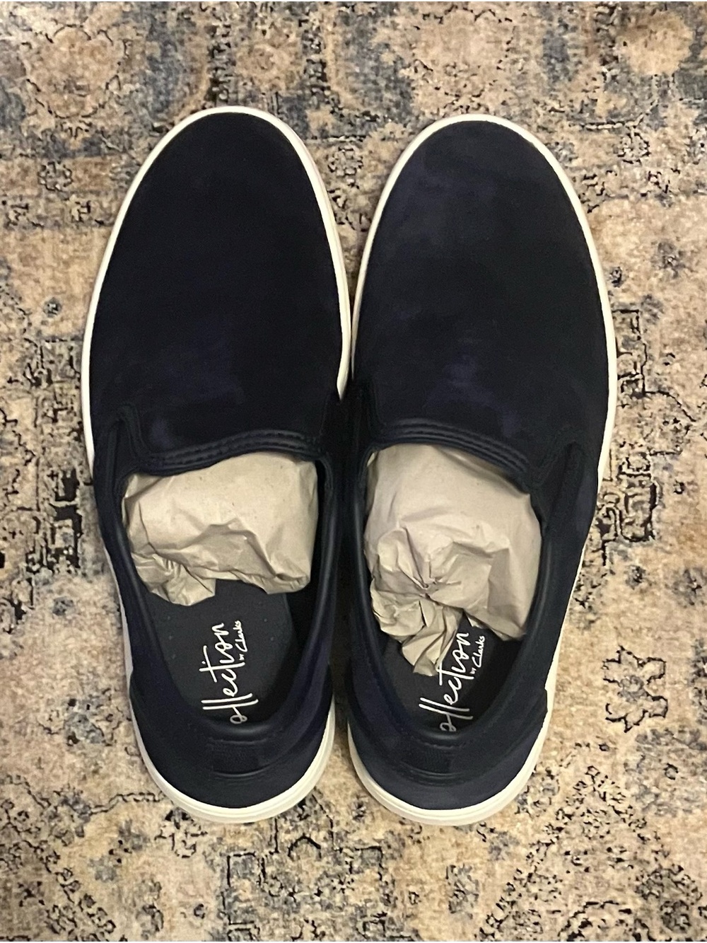 Clarks Navy Slip-On Loafers with White Sole